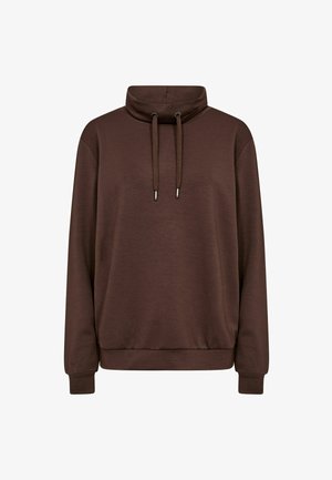 Maglione marrone a maniche lunghe con collo alto, dettagli con coulisse e vestibilità ampia. Texture liscia con polsini e orlo a coste.