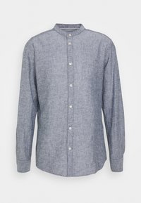 Long-sleeve button-up shirt in a textured, light blue fabric with a stand collar and front buttons, featuring a straight hem and fitted sleeves.