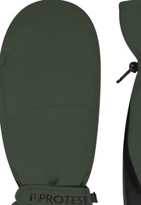 Zielone ocieplane rękawice z gładką teksturą, zaokrąglonym wierzchem i regulowanym paskiem na nadgarstek z czarnymi elementami i logo.