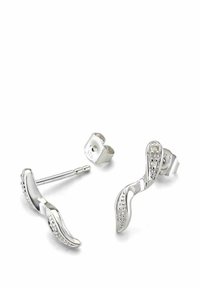 Orecchini a spirale in argento con finitura lucida, caratterizzati da dettagli intricati e piccoli strass lungo la curva. Dotati di chiusura a perno.