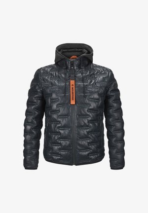 Gepolsterte dunkelblaue Lederjacke mit Kapuze, ausgestattet mit einem Reißverschluss vorne, elastischen Kordelzügen und seitlichen Taschen. Akzentuiert mit einem Anhänger.