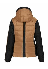 Pufferjack met capuchon; bruin bovenstuk en zwart onderstuk; gequilt textuur; heeft een centrale rits en twee zijzakken.