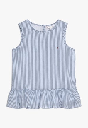 Bluzka bez rękawów w jasnoniebieskie i białe pionowe paski, z falbankowym dołem i małym logo Tommy Hilfiger na lewej piersi.