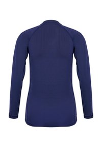 Marineblaues Langarm-Sportshirt aus feuchtigkeitsableitendem Stoff, mit flachen Nähten und Belüftungsmustern auf dem Rücken für Atmungsaktivität.