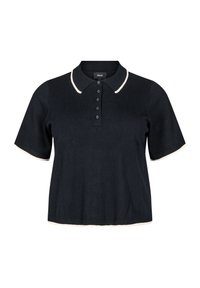 Černé polo tričko s krátkým rukávem, s pěti předními knoflíky, bílým lemováním na límci, okrajích rukávů a lemu, označené Zizzi.