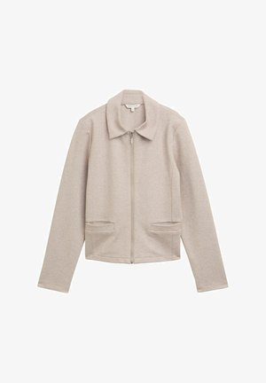 Light beige zip-up jacket with a collared neckline, long sleeves, and two front pockets. Made of a ribbed, textured fabric.