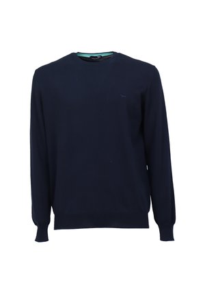 Marineblauwe gebreide trui met lange mouwen, v-hals, geribbelde zoom en cuffs, met een klein logo op de linkerborst. Gladde textuur.