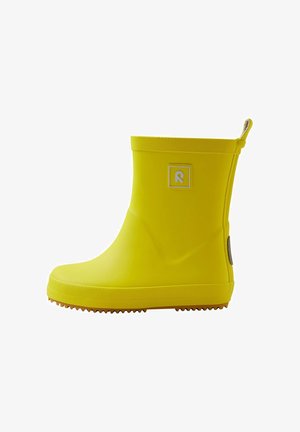 Yellow rubber rain boot with a ribbed outsole, rounded toe, and a logo accent on the side. Features a pull tab for easy wear.
