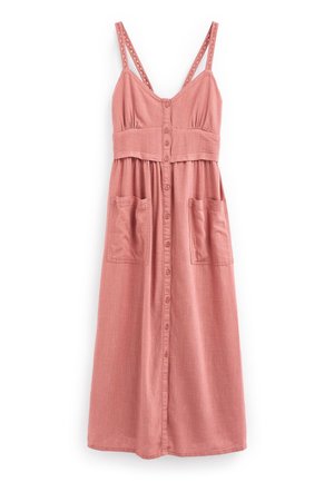 Różowa sukienka midi bez rękawów z zapinanym na guziki przodem, dwiema naszywanymi kieszeniami z przodu oraz podwójnymi cienkimi ramiączkami z ozdobnymi dziurkami.