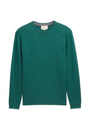 Zelená mikina s kulatým výstřihem, dlouhými rukávy a žebrovanými manžetami. Vyrobena z měkké látky s hladkým povrchem a minimalistickým designem.