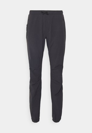 Pantalons de plein air noirs, légers, avec une taille élastique, fermeture à cordon de serrage et deux poches latérales zippées. Fabriqués en tissu respirant.