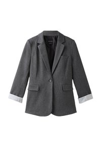 Blazer gris foncé à un bouton, avec revers crantés, poches à rabat et poignets blancs visibles aux manches.