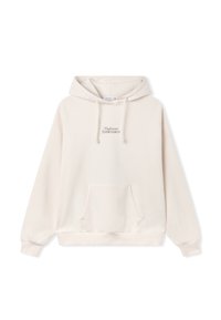 Felpa con cappuccio color crema realizzata in tessuto morbido, con tasca frontale, cappuccio con coulisse e la scritta "Unleash Trouble" ricamata sul petto.