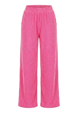 Pantalon rose à jambes larges avec taille élastique et poches latérales, fabriqué en tissu texturé.