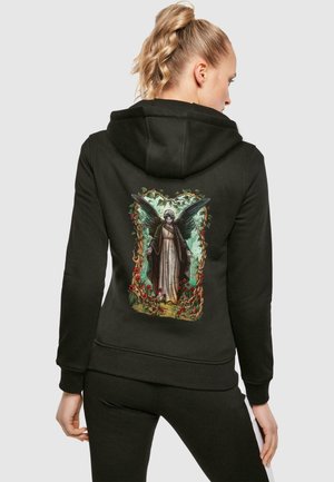 Black hoodie with a graphic design featuring an angel and foliage on the back. Made from soft material with a standard fit and hood.