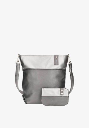 Sac à main en cuir bicolore argent et gris avec bandoulière amovible et petite pochette zippée assortie à l'avant.