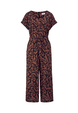 Brauner Jumpsuit mit einem schwarzen abstrakten Muster, kurzen Ärmeln, einem Taillengürtel und weitem Bein. Glatte Stoffstruktur.