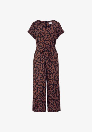 Brauner Jumpsuit mit einem schwarzen abstrakten Muster, kurzen Ärmeln, einem Taillengürtel und weitem Bein. Glatte Stoffstruktur.