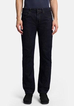 Dunkelblaue Denim-Jeans mit einem geraden Bein-Design, fünf Taschen, dezenten Nähakzenten und einer mittelhohen Taille.