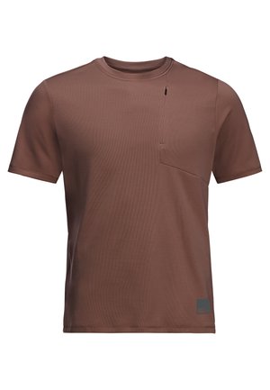 Braunes T-Shirt mit kurzen Ärmeln aus leichtem Material. Verfügt über eine kleine Brusttasche und dezente Markenkennzeichnung auf der unteren linken Vorderseite.