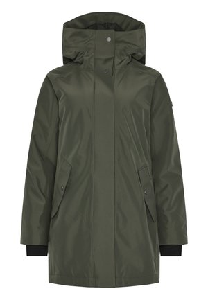 Olivegrüner wasserdichter Parka mit Kapuze, ausgestattet mit schwarzen Bündchen, zwei Vorderentaschen und einer glatten Textur. Einfaches und funktionales Design.