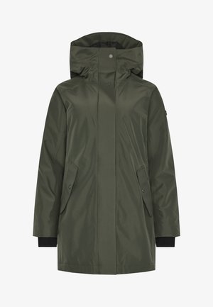 Olivegrüner wasserdichter Parka mit Kapuze, ausgestattet mit schwarzen Bündchen, zwei Vorderentaschen und einer glatten Textur. Einfaches und funktionales Design.