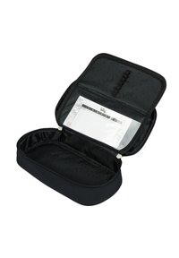 Czarny, zapinany na zamek piórnik o gładkiej powierzchni, teksturze materiału i dwóch przegrodach; jedna z nich zawiera przezroczystą kieszeń na notatki.