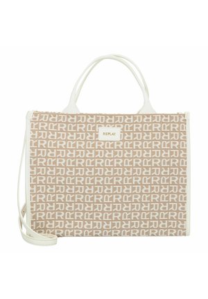 Borsa tote beige con accenti bianchi, caratterizzata da un motivo ripetuto del logo. Design strutturato con doppie maniglie e una tracolla staccabile.