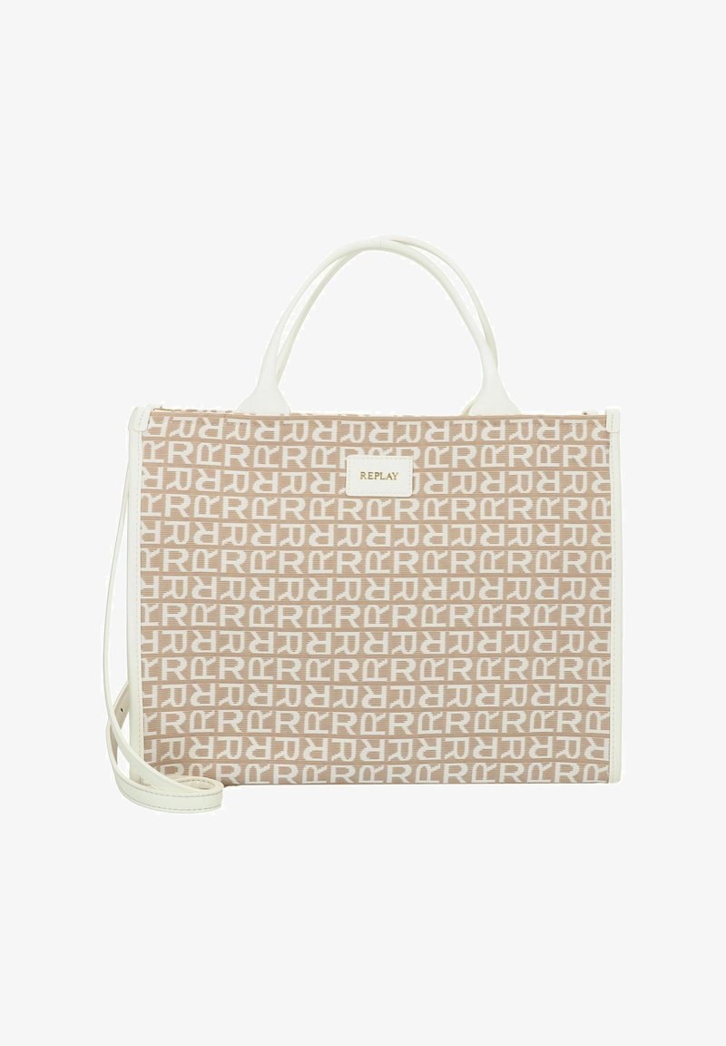 Borsa tote beige con accenti bianchi, caratterizzata da un motivo ripetuto del logo. Design strutturato con doppie maniglie e una tracolla staccabile.