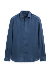 Dark blue long-sleeve shirt made of smooth fabric, featuring a button-down collar, front placket with buttons, and cuffs.
