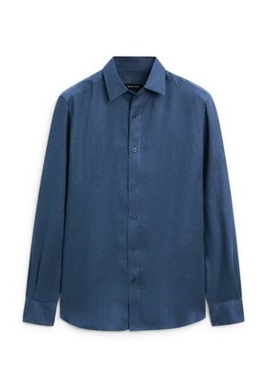 Dark blue long-sleeve shirt made of smooth fabric, featuring a button-down collar, front placket with buttons, and cuffs.