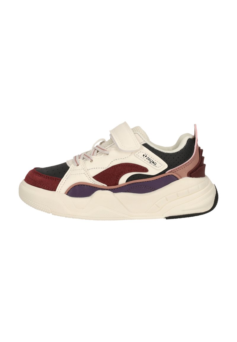 Multicolor sneaker met een mix van zwart, crème, bordeauxrood en paars. Beschikt over een klittebandsluiting, textuurmaterialen en een chunky zoolontwerp.
