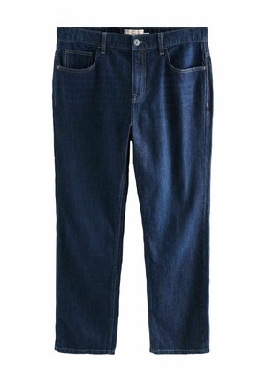 Tmavomodré denimové džínsy s rovnými nohavicami. Rysy zahŕňajú päť vreciek, svetlé prešitie a zips s patentkou.