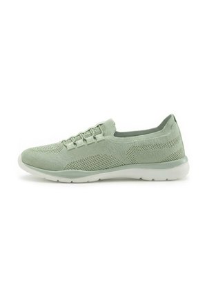 Light green knitted slip-on sneaker with elastic lace loops and white rubber sole, shown in side profile on white background.