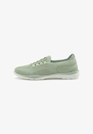 Light green knitted slip-on sneaker with elastic lace loops and white rubber sole, shown in side profile on white background.
