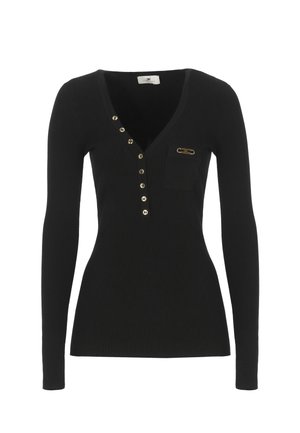 Maglia nera a maniche lunghe con texture a coste, scollatura a V, bottoni dorati su un lato, piccola tasca e un accentuazione in metallo dorato.