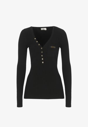 Maglia nera a maniche lunghe con texture a coste, scollatura a V, bottoni dorati su un lato, piccola tasca e un accentuazione in metallo dorato.