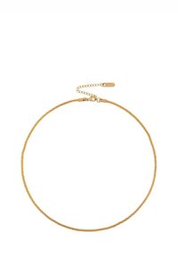 Gold-toned necklace with a thin, rounded design, featuring a textured surface and clasp with an adjustable chain for length variation.
