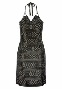 Abito nero a halter con un design a motivi in grigio e beige. Presenta una scollatura triangolare, accessori circolari e una gonna fluida.