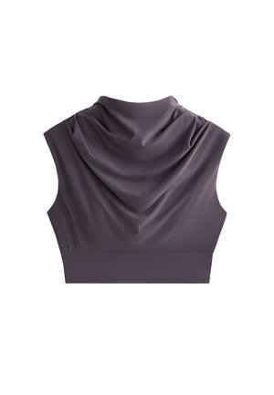 Korte top van donkerpaars stof met een wijde halslijn, zonder mouwen en een solide, gladde textuur. Heeft een aansluitende onderzoom.
