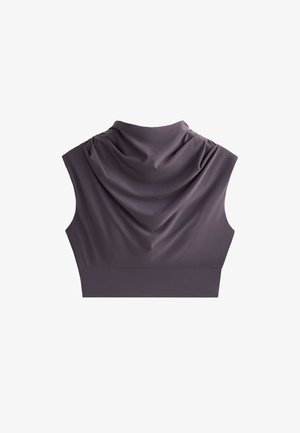 Korte top van donkerpaars stof met een wijde halslijn, zonder mouwen en een solide, gladde textuur. Heeft een aansluitende onderzoom.