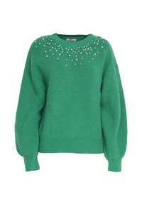 Grüner gestrickter Pullover mit Rundhalsausschnitt, langen Baumwollesäcken und verziert mit verstreuten Perlen und Glasperlen entlang des Ausschnitts.