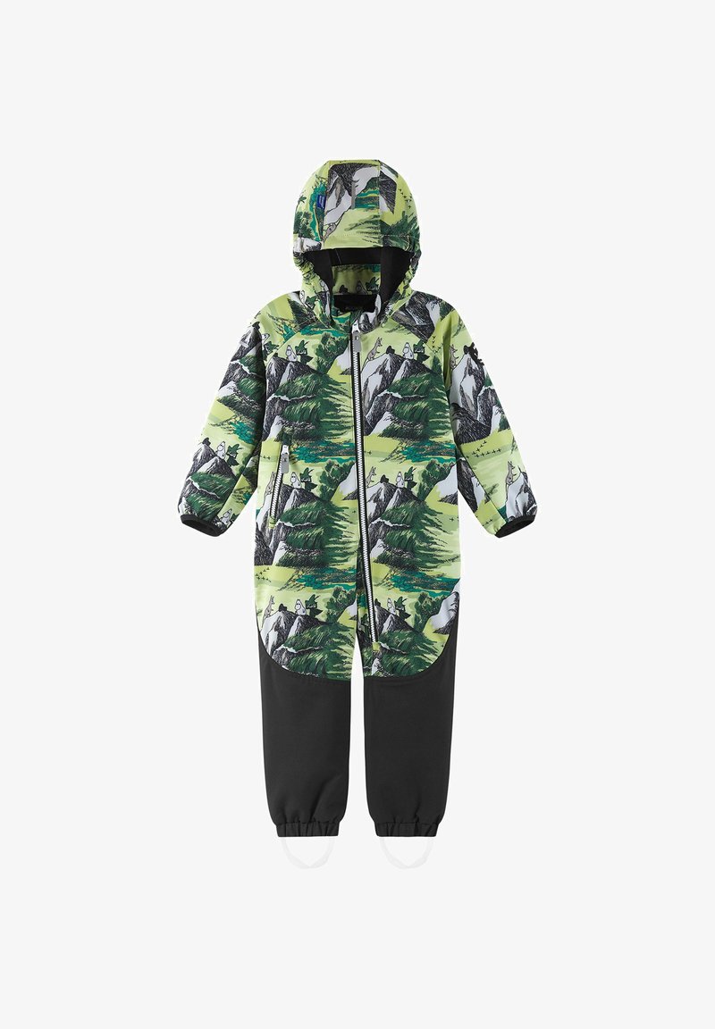 Zielony i czarny ocieplany kombinezon z nadrukiem w tematyce przyrodniczej, przedstawiającym góry i drzewa, z zamkiem z przodu, kapturem i elastycznymi mankietami.