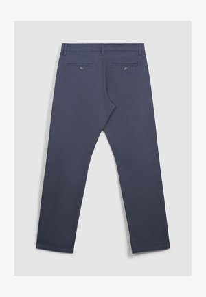 Pantaloni blu scuro in cotone con design a gamba dritta, dotati di due tasche posteriori e chiusure a bottone.