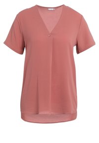 Kortærmet bluse i støvet rosa med V-hals, der har en knapdetalje fortil og en løs, svævende pasform. Blødt, let stof.