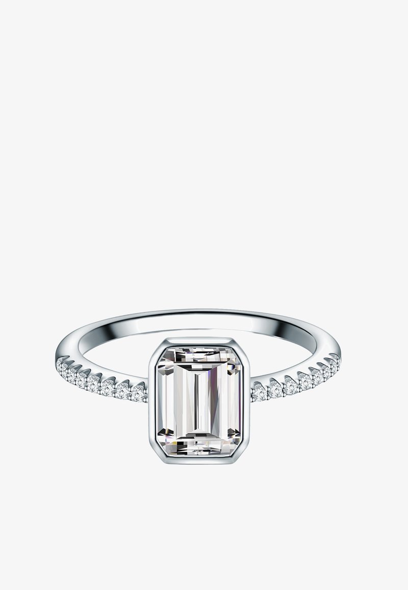 Bague en argent avec une pierre précieuse centrale taillée en émeraude claire et de petites pierres rondes incrustées le long de l'anneau.