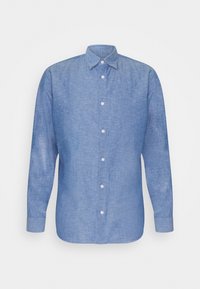 Chemise bleu clair à manches longues avec boutons et col, réalisée en tissu texturé, présentée sur un fond blanc uni.