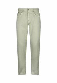 Jeans de mezclilla verde claro con un diseño de pierna recta, cinco bolsillos, botón de metal y detalles de costura. Textura suave, estilo casual.
