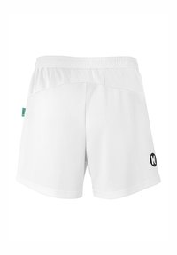 Witte sport shorts hebben een elastische tailleband en een zwart logo accent. De stof lijkt lichtgewicht en soepel, ideaal voor actieve kledij.