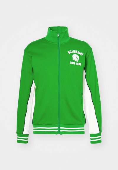Green zip-up sweatshirt with white and black accents, featuring a high collar, ribbed cuffs, and a white logo on the chest.
